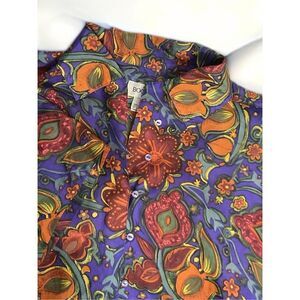 Vintage‎ Bogari Silk Blouse Women’s sz M Purple Orange Floral Loops&Button Shirt
